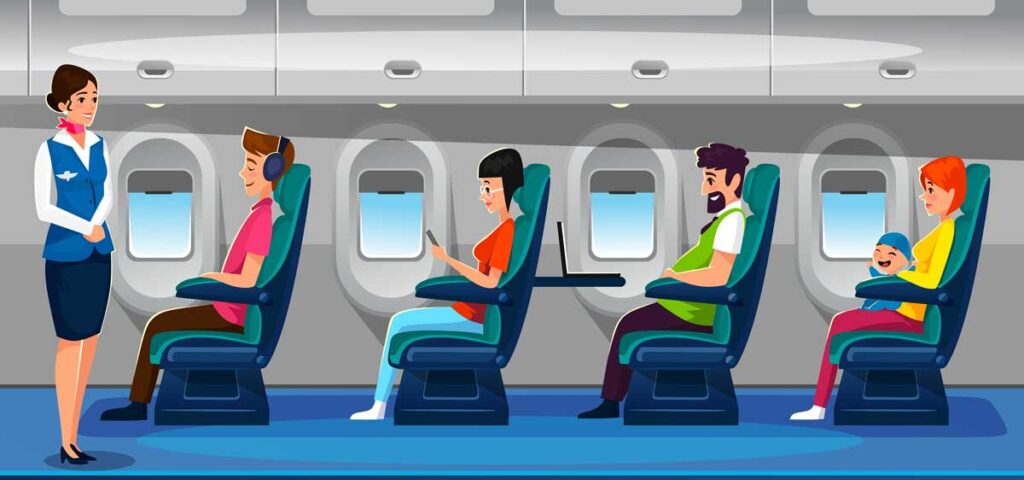 A drawing of passengers and flight attendant inside an airplane