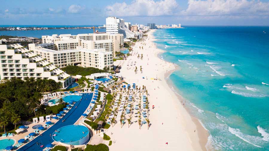 Aerial view of a beach in Cancun, Mexico